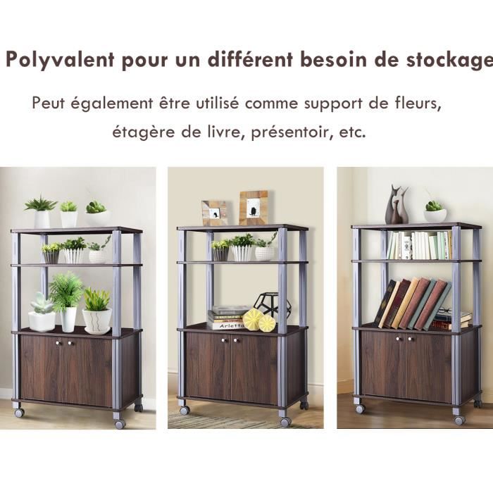 Meuble pour Micro Onde Étagère de Cuisine pour Four en Bois avec 3 Couches Roues 60 x 40 x 98 CM Noir