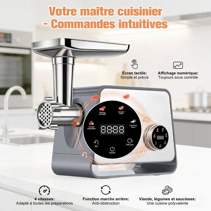 Hachoir à Viande Électrique 2800W - Écran Tactile - 11PCS avec 2 Lames 4 Inox Disques 3 Kit de Saucisse 1 Kubbe 1 Brosse - Argent