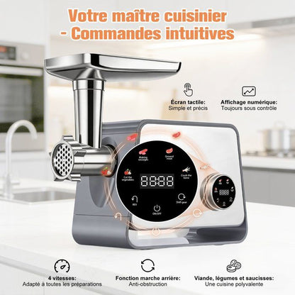 Hachoir à Viande Électrique 2800W - Écran Tactile - 11PCS avec 2 Lames 4 Inox Disques 3 Kit de Saucisse 1 Kubbe 1 Brosse - Argent