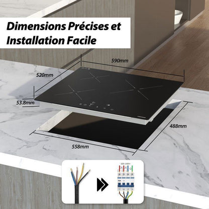 Plaque Induction FIREGAS 60 cm – 3 Foyers, 7400 W, Chauffage Rapide, Design Moderne, Haute Performance