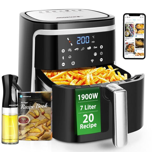 Aigostar Friteuse à air sans huile 1900W,7L Grande Capacité| Connexion WiFi Écran Tactile LED 7 Programmes Cuisson Saine Sans BPA