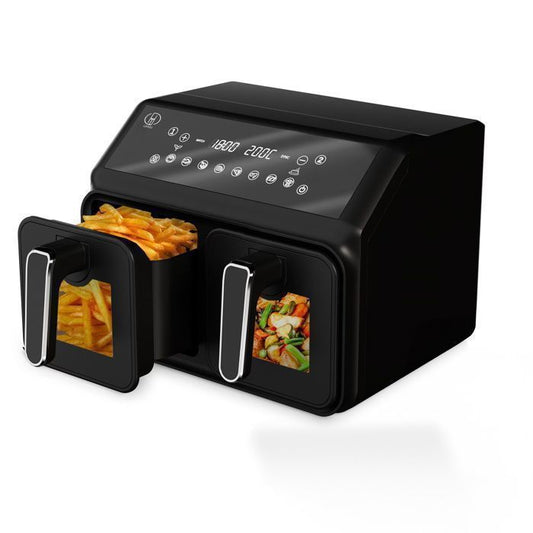 Airfryer 8L 2200W,Friteuse sans huile 2 compartiments,Fenêtre de Visualisation,10 Programmes Automatiques,Friteuse à air chaud