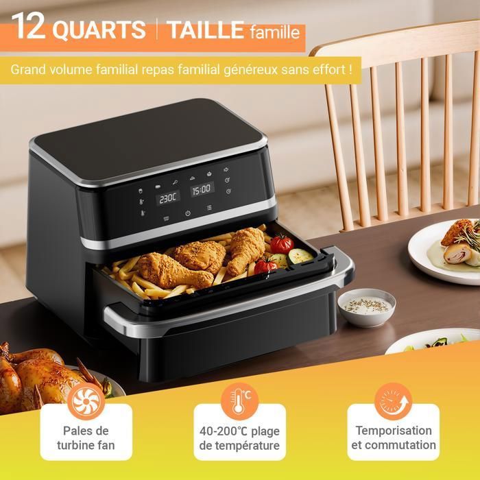 Friteuse sans huile Vulcanterre - Airfryer BW8020D - 12 L Capacité  - Cuisine multi - programmes - Cavité métallique - Écran LED