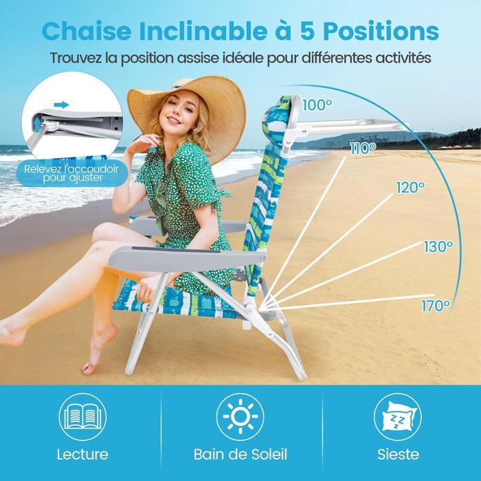 Lot de 2 Chaises de Jardin Extérieur Pliable COSTWAY, Cadre Léger en Aluminium, Dossier Réglable en 4 Positions, Sac Isotherme