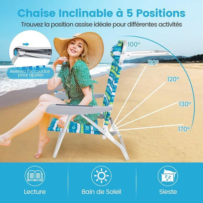 Lot de 2 Chaises de Jardin Extérieur Pliable COSTWAY, Cadre Léger en Aluminium, Dossier Réglable en 4 Positions, Sac Isotherme