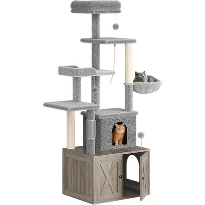 Arbre à Chat 2 en 1+ Enceinte de Litière Cachée - Meuble Chat Multiniveaux, Poteaux à Gratter, Boules Suspendues, Armoire - Gris