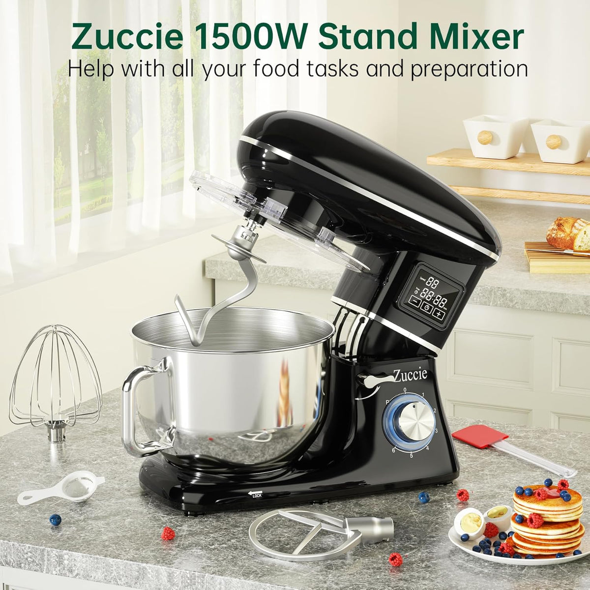 Robot Patissier, Zuccie 5 L Robot Ptissier, 1000W Robot Cuisine avec Fouet, Batteur, Crochet, Bol d'Acier Inoxydable et Pare-éclaboussures, 8+P Vitesses Robot Pétrin Professionnel (Noir)