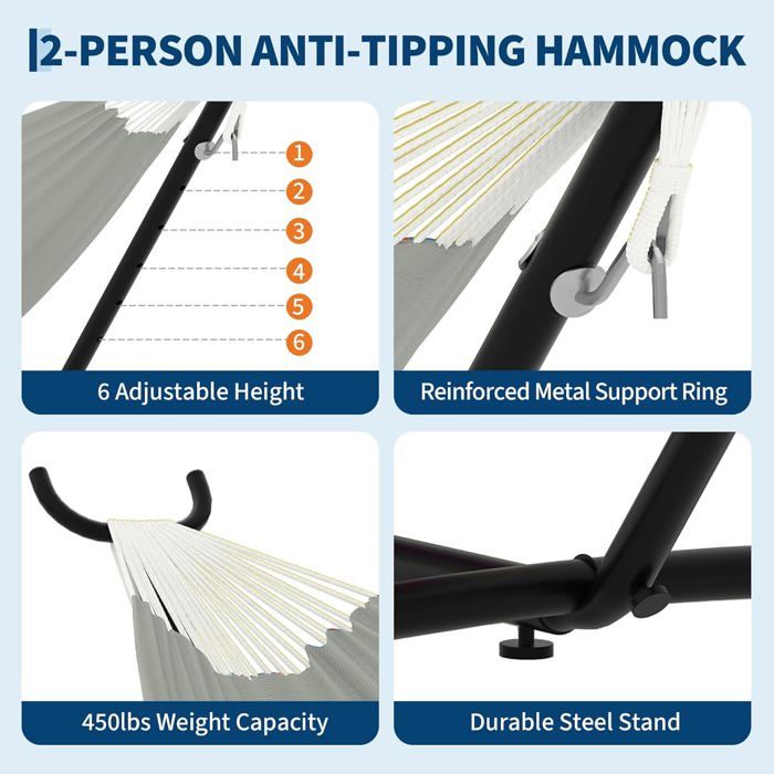 Hamac Double avec Support - 450 lbs, Toile Coton & Coussin Amovible - Pour Jardin, Intérieur/Extérieur, Vert