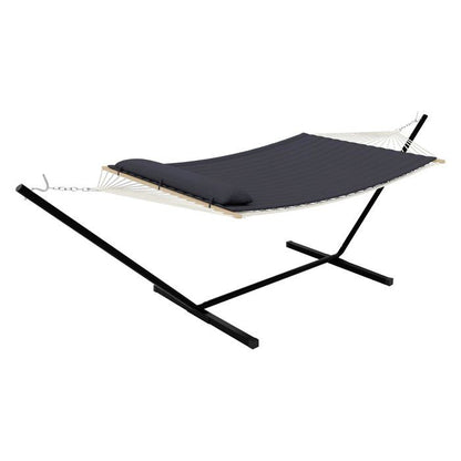 Hamac Double 12FT avec Support en Acier - Toile Matelassée 450LB - Barre en Bois Dur - Sac de Transport Inclus - Beige