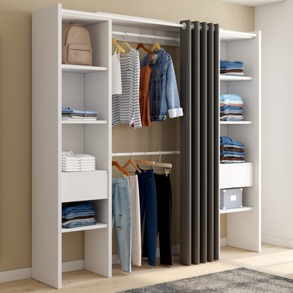 Dressing Extensible Double Blanc Et Gris Meryl 120/180x180cm Rideau Double Penderie Étagères Kit dressing