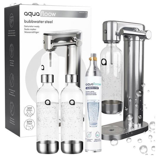 AQUAFLOOW Machine à soda eau pétillante – acier – 2 bouteilles de 0,8 l – cylindre CO₂ inclus - Réglage d'intensité des bulles