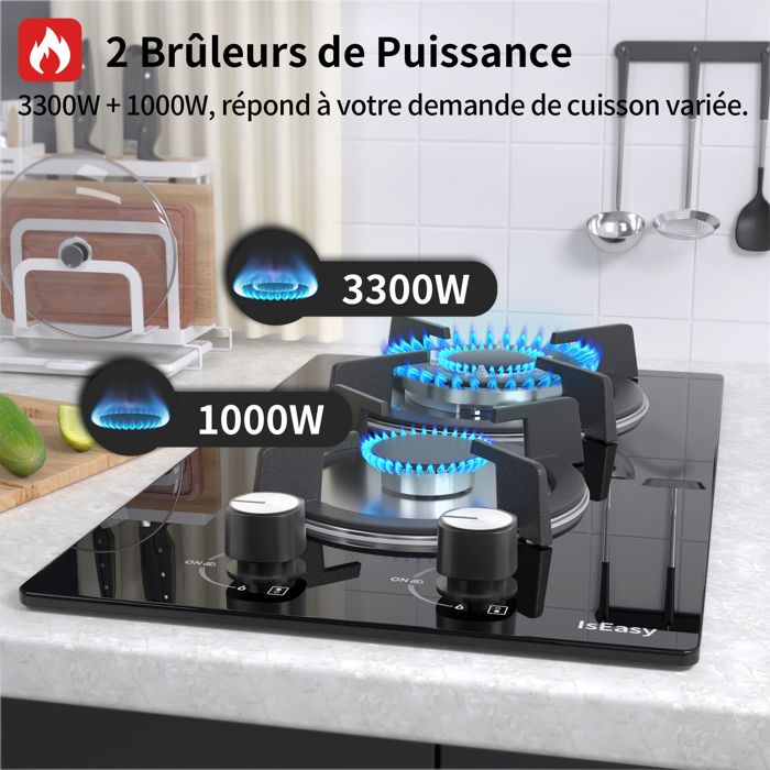 Plaque à Gaz - ISEASY - 5 Brûleurs - Verre Trempé - Encastrable - Gaz Naturel/Propane/Butane