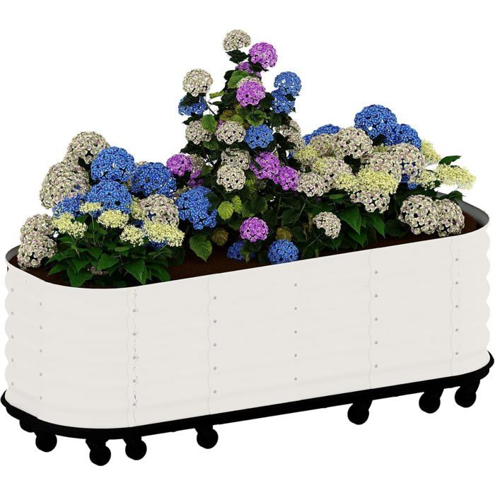 Bac Potager Surélevé sur roulettes 60x60x70 cm, Carré Potager Métal blanc avec réserve d'eau et freins, Jardinière auto-arrosante
