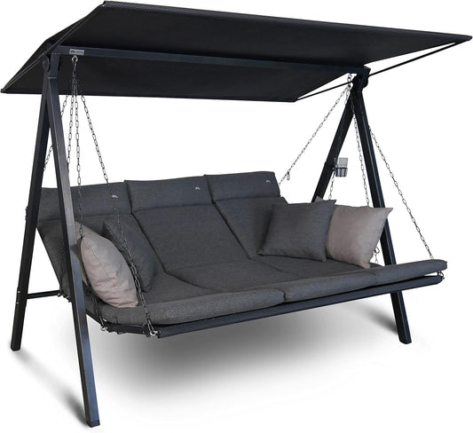 ANGERER Balancelle de Jardin Lounge Smart 3 Places, Acier Galvanisé, Toit Réglable, Position Assise et Allongée Réglable, avec Coussins et Textilène, pour Extérieur Smart Gris