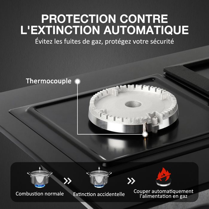 Plaque à Gaz - ISEASY - 5 Brûleurs - Verre Trempé - Encastrable - Gaz Naturel/Propane/Butane