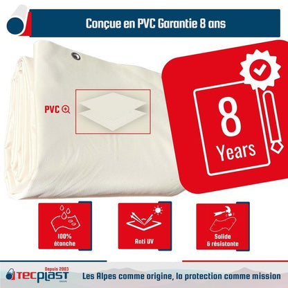 TECPLAST Toile Pergola Blanc Crème 4x4 m LP640PR - Garantie 8 ans - Bâche Pergola ou Tonnelle étanche en PVC pour terrasse