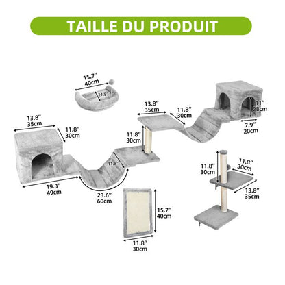 Balconera Lot 8 Murs escalade Chat - Peluche Stable, Arbre Mural Griffoirs, Pont, Escaliers & Boule, Gris Foncé
