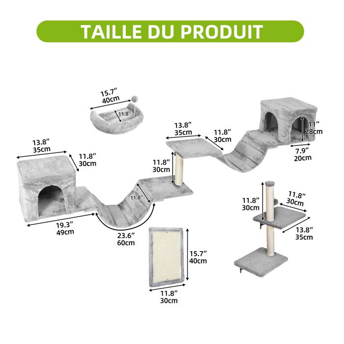 Balconera Lot 8 Murs escalade Chat - Peluche Stable, Arbre Mural Griffoirs, Pont, Escaliers & Boule, Gris Clair