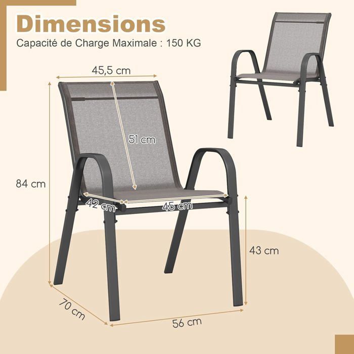 COSTWAY Lot de 2 Chaises de Jardin, Tissu Respirant, Chaises à Manger Empilables avec Accoudoirs, pour Patio Terrasse Porche, Noir