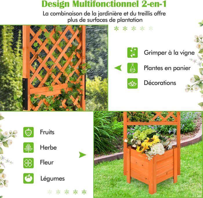 COSTWAY Jardinière sur pied avec Treillis en Bois de Sapin 54,5x52x180CM Bac à Fleurs avec Trous de Drainage pour Plantes