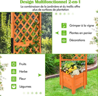 COSTWAY Jardinière sur pied avec Treillis en Bois de Sapin 54,5x52x180CM Bac à Fleurs avec Trous de Drainage pour Plantes