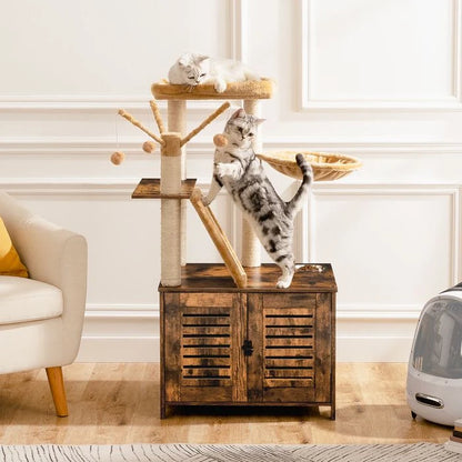 HOOBRO Arbre à Chat avec Maison de Litière pour Chat, Maison pour Chat en Bois avec Tour à Chat, Grège