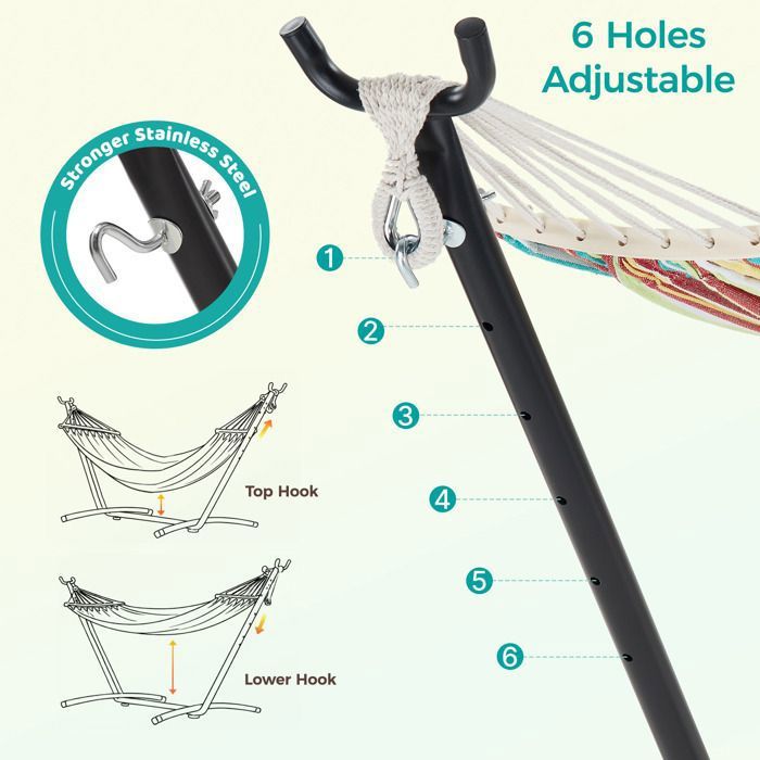 Mondeer Hamac sur Pied Double avec Support,Cadre Robuste Réglable 6Positions,Charge Max 270kg pour Jardin/Camping/Voyage,Multicolore