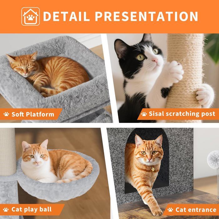 Arbre à Chat 2 en 1+ Enceinte de Litière Cachée - Meuble Chat Multiniveaux, Poteaux à Gratter, Boules Suspendues, Armoire - Marron