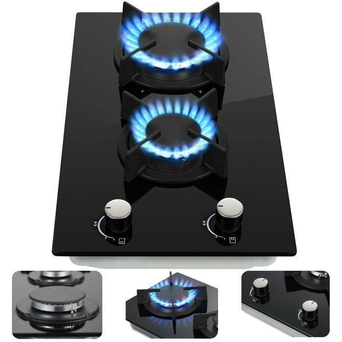 Plaque de cuisson gaz,Table Gaz,2 foyers,Verre Trempé,4200 W,Sécurité Thermocouple,Gaz Naturel/Propane,noir