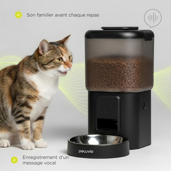 Distributeur de croquettes Automatique Chat PELUVIO Crispy - WiFi - 4,5 L - 4 Repas/jour - Enregistrement Vocal - Noir