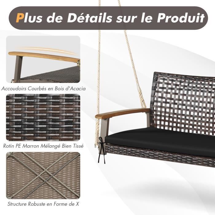 COSTWAY Banc Suspendu 2 Places en Rotin avec Cordes et Accoudoirs en Bois d'Acacia, Charge 360 kg, pour Jardin, Balcon, Marron