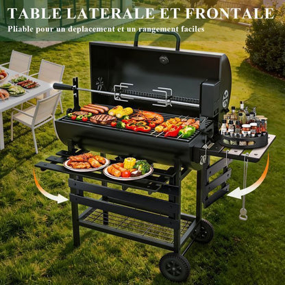 Barbecue Charbon de Bois avec Grille de Cuisson et Réchauffage - Barbecue avec Thermomètre, Broche électrique, 2 Tablettes Pliable