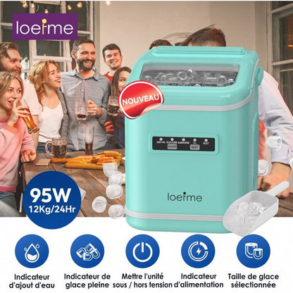 Machine à glaçons noire portable 12kg/24h, réservoir 1.4L, 9 glaçons en 6min, fonction autonettoyante, bruit inférieur 40dB
