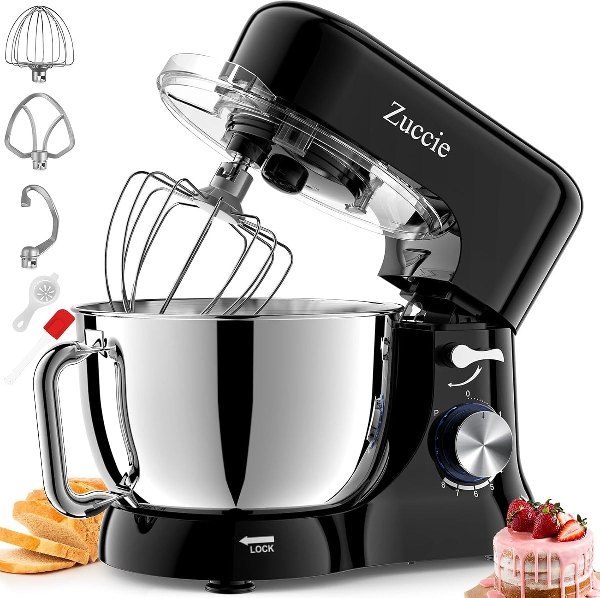 Robot Patissier, Zuccie 5 L Robot Ptissier, 1000W Robot Cuisine avec Fouet, Batteur, Crochet, Bol d'Acier Inoxydable et Pare-éclaboussures, 8+P Vitesses Robot Pétrin Professionnel (Noir)