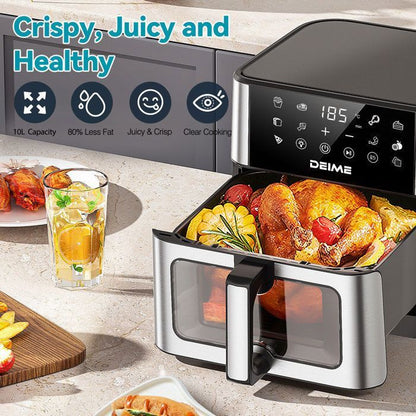 DEIME Air Fryer 5L+5L - Friteuse sans huile Capacité 10L - 8 Préprogrammes - 2400W - Séparateur amovible - Fenêtre - Noir
