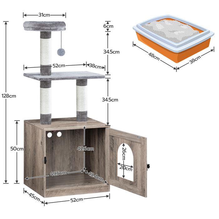Arbre à Chat avec Maison de Litière pour Chat-HOOBRO-Maison pour Chat en Bois avec Tour à Chat-60 x 45 x 151 cm-Grège