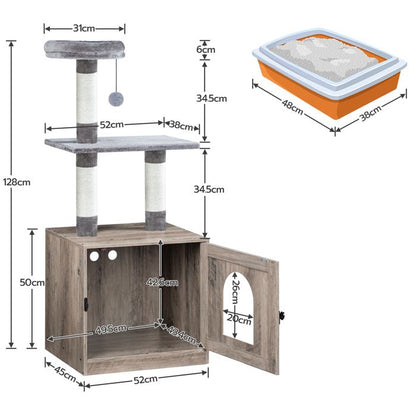 Arbre à Chat avec Maison de Litière pour Chat-HOOBRO-Maison pour Chat en Bois avec Tour à Chat-60 x 45 x 151 cm-Grège