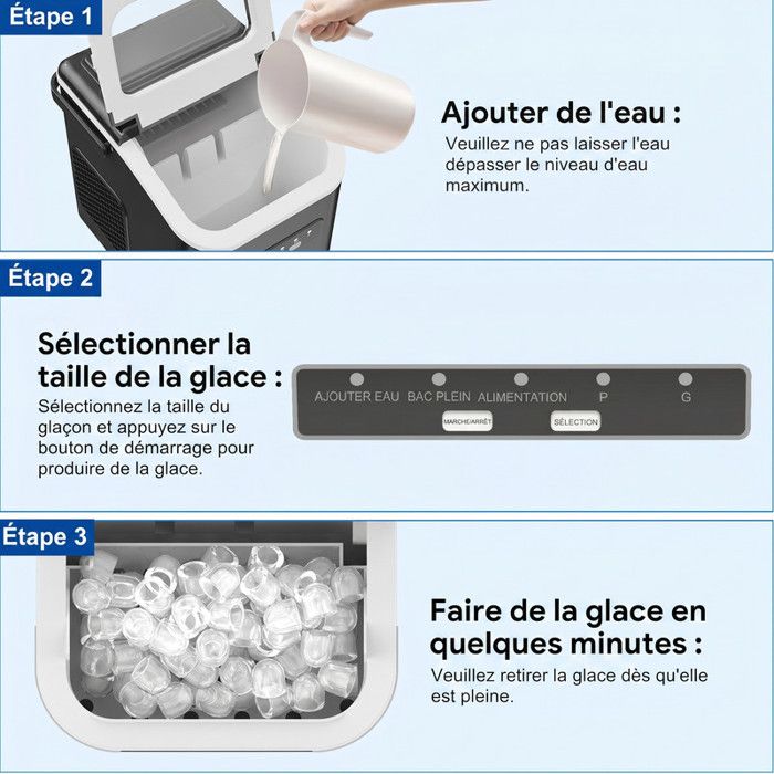 Machine à glaçons noire portable 12kg/24h, réservoir 1.4L, 9 glaçons en 6min, fonction autonettoyante, bruit inférieur 40dB