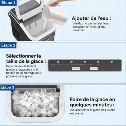 Machine à glaçons noire portable 12kg/24h, réservoir 1.4L, 9 glaçons en 6min, fonction autonettoyante, bruit inférieur 40dB