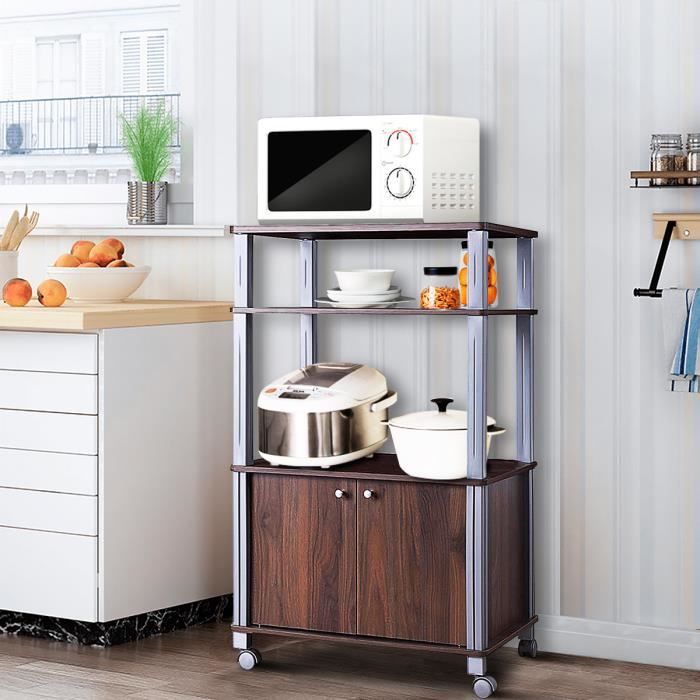 Meuble pour Micro Onde Étagère de Cuisine pour Four en Bois avec 3 Couches Roues 60 x 40 x 98 CM Noir