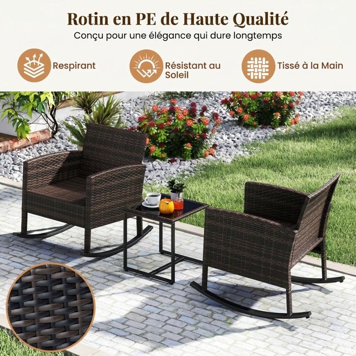 Ensemble Bistro de Jardin 3 Pièces COSTWAY, 2 Fauteuils à Bascule, Table Basse en Verre, Dossier et Coussins Déhoussables, Gris