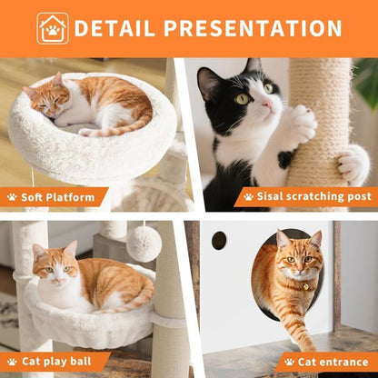 Arbre à Chat 2 en 1+ Enceinte de Litière Cachée - Meuble Chat Multiniveaux, Poteaux à Gratter, Boules Suspendues, Armoire - Gris