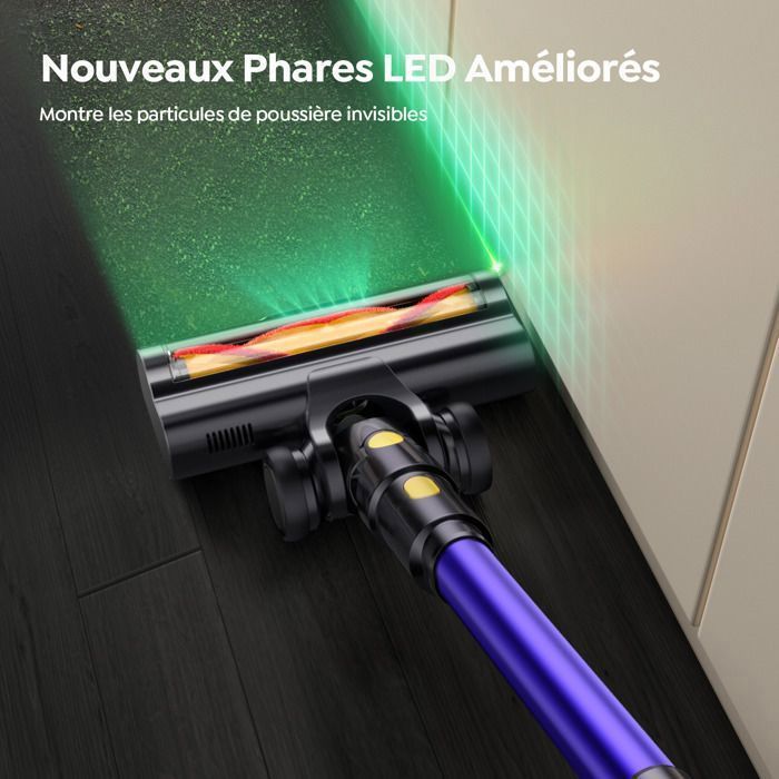 Aspirateur Balai sans Fil- Laresar V10-45Mins- 48000PA- Batterie Amovible-Technologie Yeux verts-Léger-Tapis et Poils d’Animaux