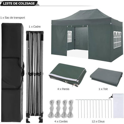 Tonnelle Pliante 3x4.5m Tente de Jardin étanche Stable avec 4 Parois latérales abri extérieur pour Réception Camping ,Gris