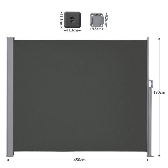 Store Latéral 190 x 450 cm, Brise-Vue Rétractable, Auvent extérieur, Résistant aux Intempéries, pour Jardin, Terrasse,Gris foncé