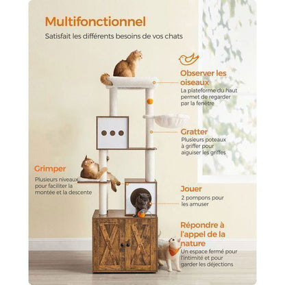 Arbre à Chat de 170 cm de Haut, Niche pour Chat, Meuble Cache-Litière, Marron et Blanc