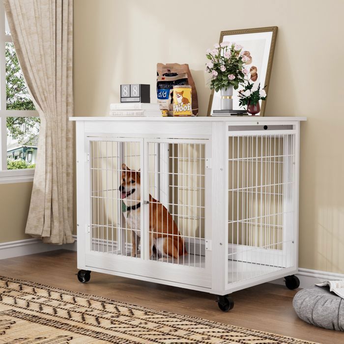 Cage pour chien meuble - Memkey - 80 x 56 x 69,5 cm - Panneau de particules et acier blanc - Roulettes, double porte