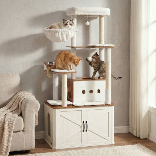 Arbre à Chat de 170 cm de Haut, Niche pour Chat, Meuble Cache-Litière, Marron et Blanc