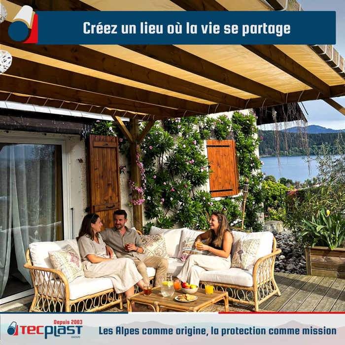 TECPLAST Toile Pergola Blanc Crème 4x4 m LP640PR - Garantie 8 ans - Bâche Pergola ou Tonnelle étanche en PVC pour terrasse