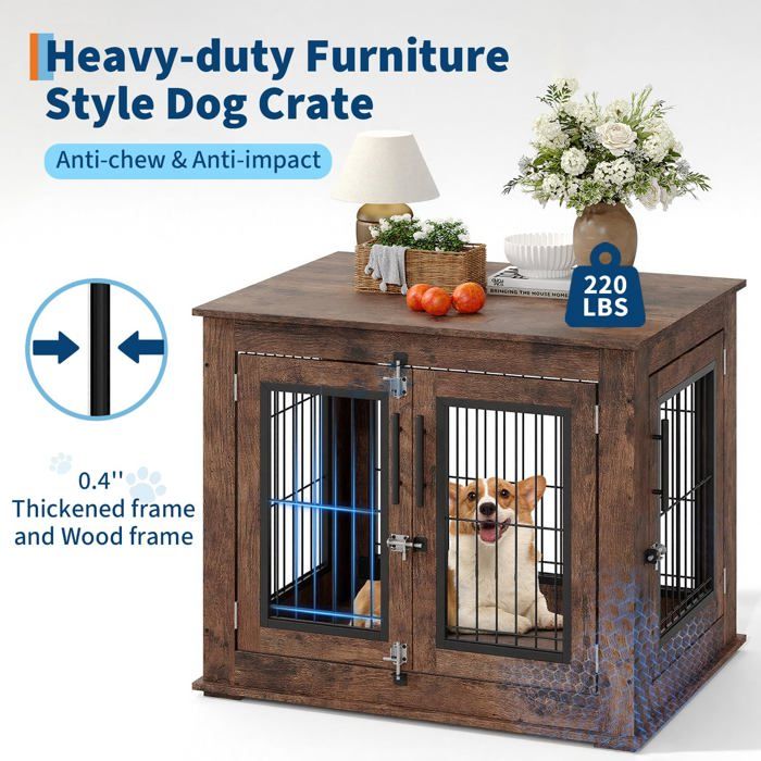 Cage pour Chien en Bois Rustique avec Double Porte – Meuble d'Appoint Style Ferme Cage pour Chien Meuble 80×60x66cm, Brun